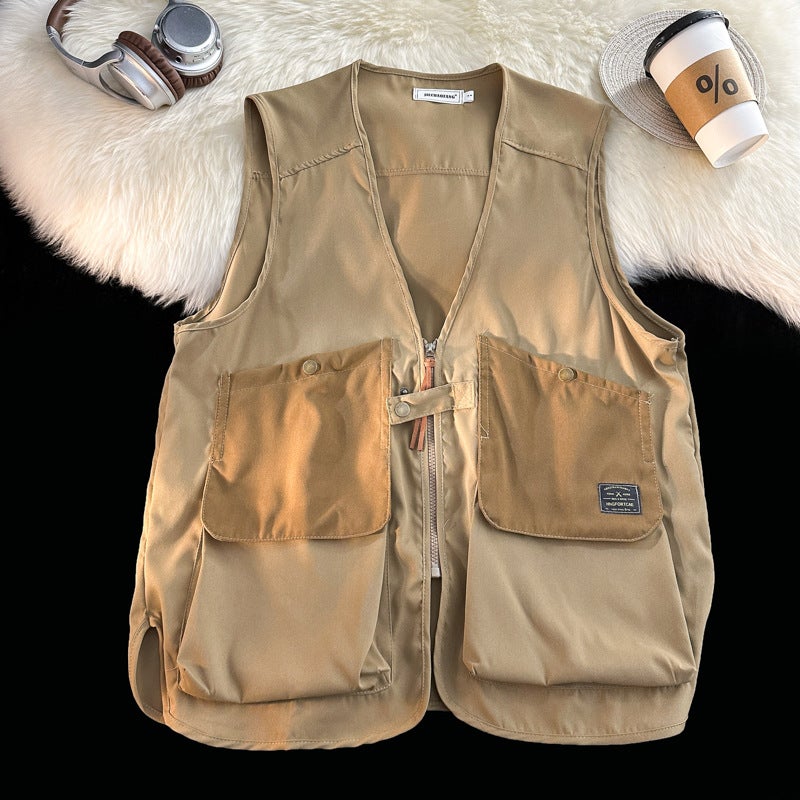 Japanese-Style Trendy Multi-Pocket Cargo V-Neck Vest Unisex Streetwear Bf Sports Vest Loose Sleeveless Jacket - Image 4